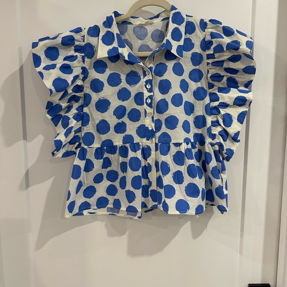 JODIFL White and Blue Polka Dot Ruffle Blouse - Picture 7 of 10